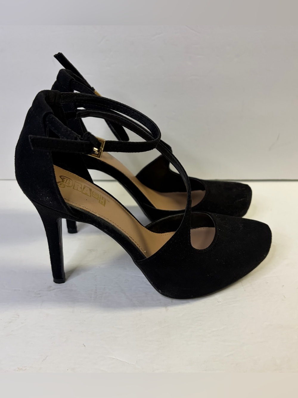 Brash Womens Closed Toe Black Stiletto Heels Faux Suede Ankle Straps Lela Size 7